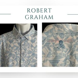 ROBERT GRAHAM MENS POLO SHIRT PERFORMANCE BLUE GEOMETRIC‎ EMBROIDERED SKULL L